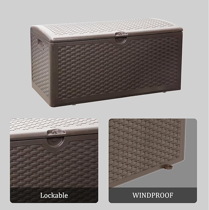 80 Gallon Pro Outdoor Storage Box Waterproof Lockable Resin Deck Box Large, Patio Storage Bin for Pool Accessories Cushion Furniture, Garden Tools, UV-Resistant Outside Delivery Brown-CasaMuseHome