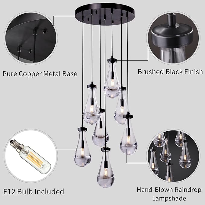 7 Light Raindrop Chandeliers, Bronze Teardrop Cluster Pendant Lights Kitchen Island, Black Dining Room Chandelier Over Table Hanging Pendant Lighting for High Ceiling, Entryway Staircase-CasaMuseHome