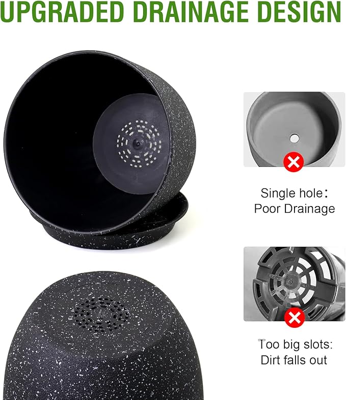 9/8/7.5 inch Plant Pots, Set of 3 Modern Decorative Plastic Planters with Drainage Holes and Saucer for Garden House Plants, Flower Pots for Indoor Outdoor Plants, Speckled Black-CasaMuseHome