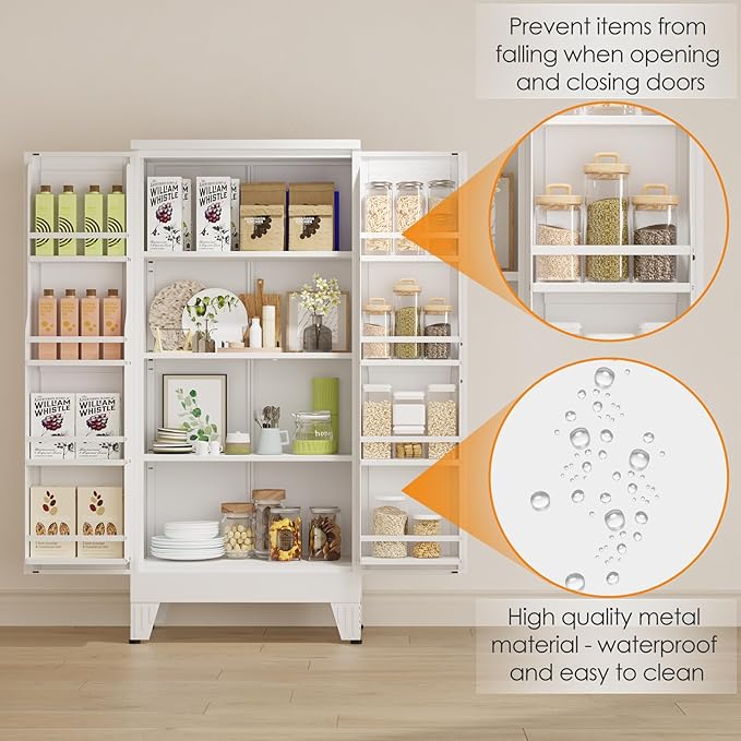 51" Kitchen Pantry Cabinet, Metal Storage Cabinet with 3 Adjustable Layer Shelves, 8 Door Shelves, Buffet Sideboard for Living Room, Kitchen, White-CasaMuseHome