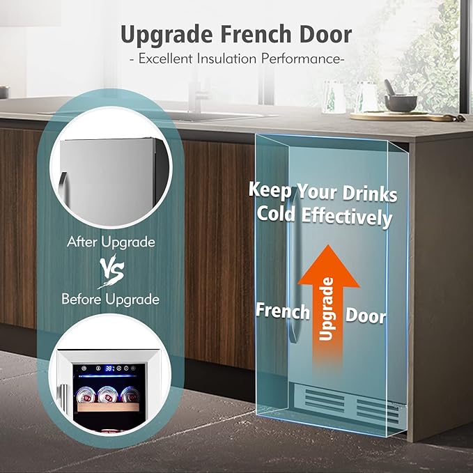 15 Inch Outdoor Beverage Refrigerator Cooler,Stainless Steel 127 Cans Beverage Fridge with French Door Under Counter Built-in or Freestanding, Perfect for Beer, Cola-CasaMuseHome