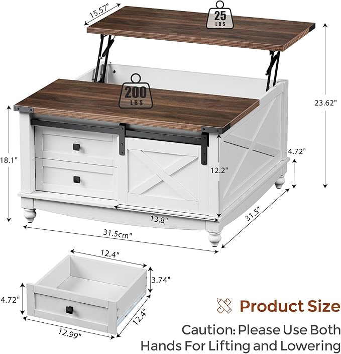 31.5" Lift Top Coffee Table with Storage, Farmhouse Coffee Tables for Living Room, Square Coffee Table with Large Hidden Storage Compartment, 2 Drawers & Removable Shelves, White-CasaMuseHome
