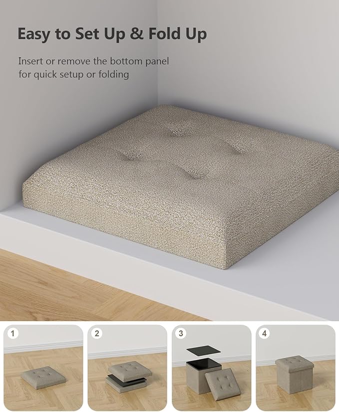 15 Inches Small Folding Storage Ottoman Cube, Storage Footrest, Foot Rest Stool, for Living Room, Bedroom, Dorm, Hallway, Entryway, Sandy Beige-CasaMuseHome