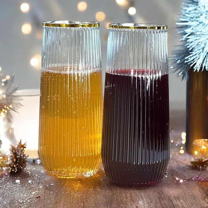 24 Pack Ribbed Origami Ripple Plastic Glasses, 12-9 Ounce Stemless Champagne Flutes & 12-12 Ounce Cups, BPA-Free Disposable Shatterproof Toasting Glasses for Weddings, Bars, and Events (Gold Rim)-CasaMuseHome