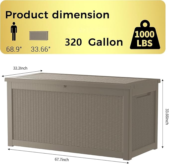 320 Gallon Outdoor Storage Box Patio Deck Box Waterproof, Resin Lockable Outside Large Storage Bin for Pool Cushion Furniture, Garden Tools UV-Resistant, Grey-CasaMuseHome