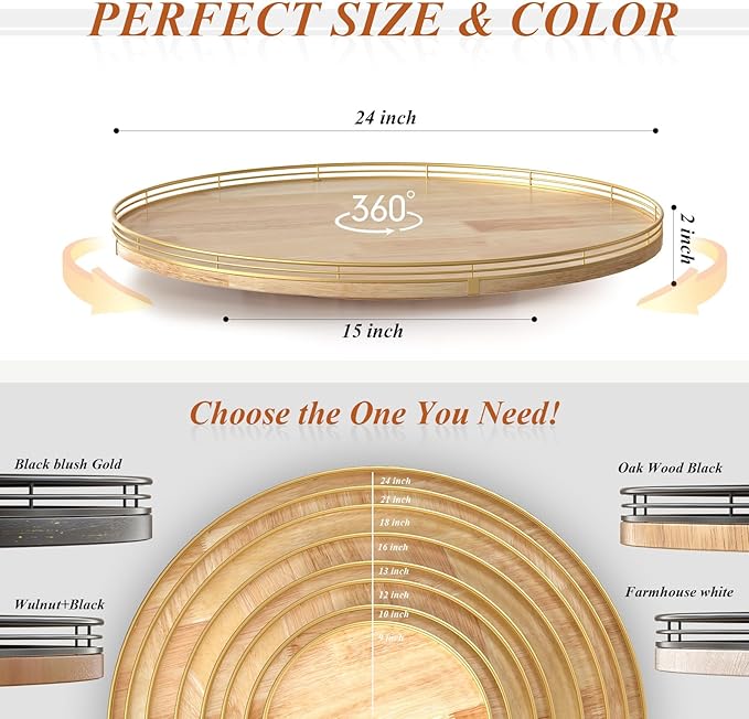 24 Inch Extra Large Lazy Susan Turntable - Premium Solid Oak Wood & Iron | Rustic Farmhouse Rotating Tray for Dining Table, Kitchen Countertop, Centerpiece Decor | Smooth 360° Spin | Durable & Stylish-CasaMuseHome