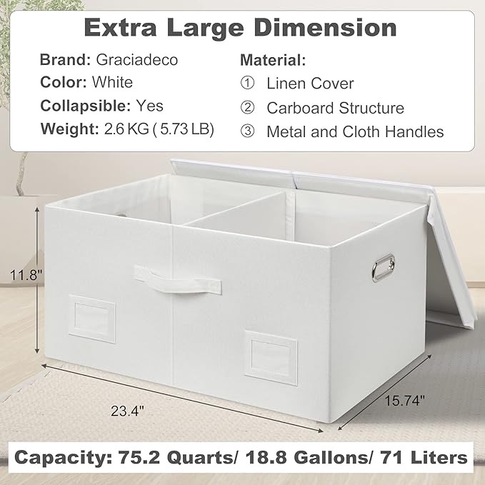 75 Quarts Extra Large Decorative Storage Bins with Lids, 3 Packs White Collapsible Storage Bins with Lids, Stackable Storage Bins Decorative Box Storage With Lid Extra Large-CasaMuseHome