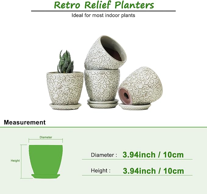 4 Inch Mini Plant Pots, Ceramic Succulent Planter with Drainage Hole and Saucers for Indoor Plants, Small Garden Pots for Succulent, Herb and Flower, Set of 4-CasaMuseHome