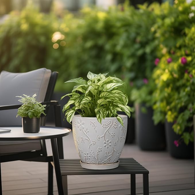 8 Inch Ceramic Pots for Plants Large Planter Pot with Drainage Hole and Saucer Round Flower Pot for Indoor Outdoor Decor, White-CasaMuseHome