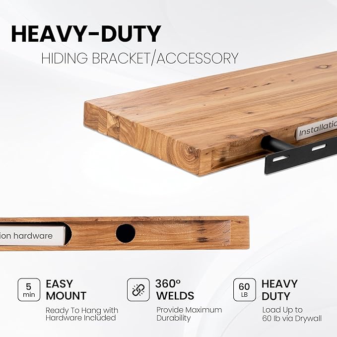 48 Inch Floating Shelves for Wall, Rustic Live Edge Elm Wood Shelf, Heavy-Duty Deep Floating Shelf for Home Decor, Wall Mounted Storage Shelves for Books, Bathroom, and Kitchen, Natural Finish-CasaMuseHome