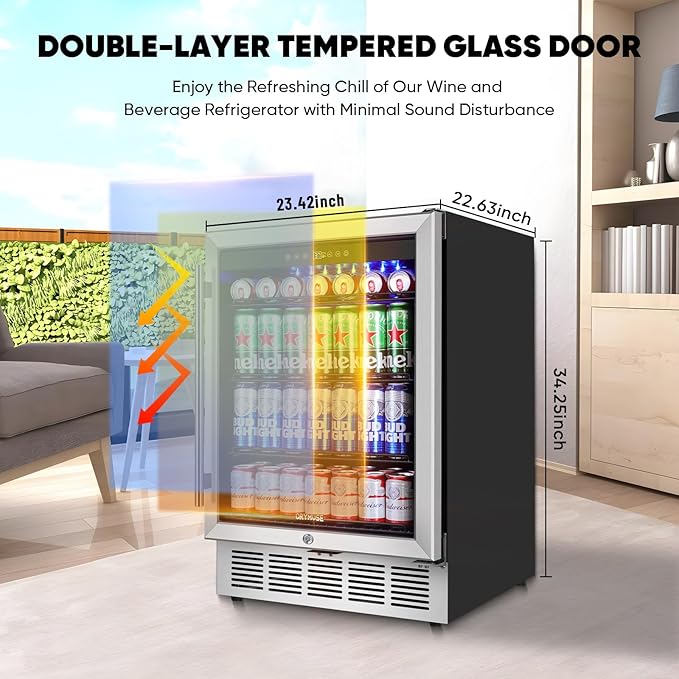 24" Beverage Refrigerator & Cooler, 180 Cans Under Counter Fridge with Lock, Glass Door & Powerful Cooling Compressor - Quiet, Built-in/Freestanding Drink Fridge-CasaMuseHome