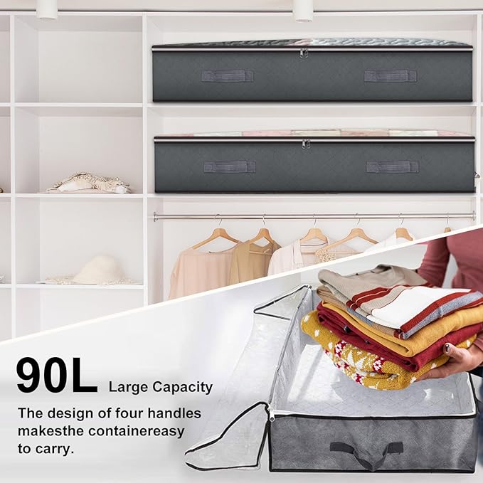 4 Pack Under Bed Storage, 90L Collapsible Closet Containers Organizers and Under Bed Storage Bins, Underbed Storage Bags for Wrapping Paper, Blanket, Towels, Clothes, Comforter, Sweaters, Linen Sheet-CasaMuseHome