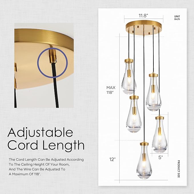 5-Light Raindrop Pendant Light Fixtures, Brass Glass Pendant Lighting, Teardrops Modern Hanging Light for Entryway Foyer Kitchen Island Dining Living Room Hallway-CasaMuseHome