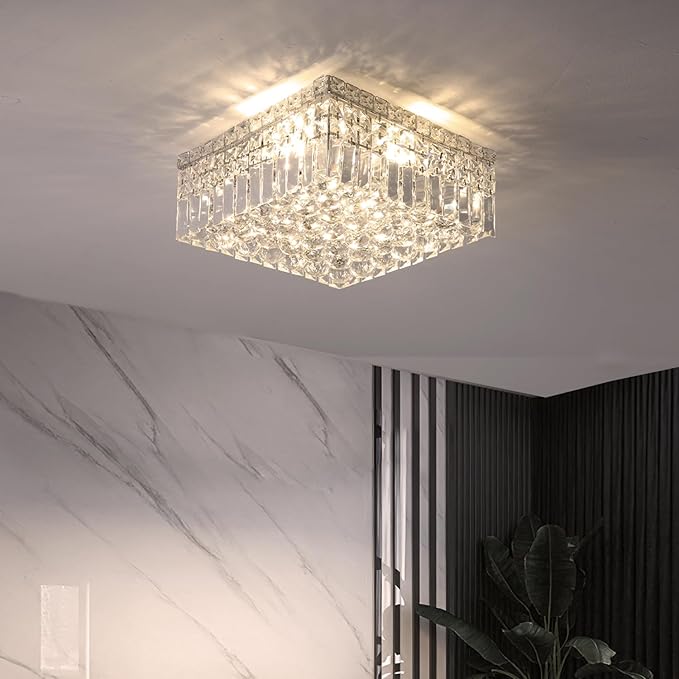 4-Lights Modern Flush Mount Ceiling Light Fixtures,Elegant Crystal Chandelier Pendant Ceiling Lamp for Bedroom,Living Room,Dining Room,Hallway H5.9 x W13.7 x L13.7 (Bulbs Not Included) Square-CasaMuseHome