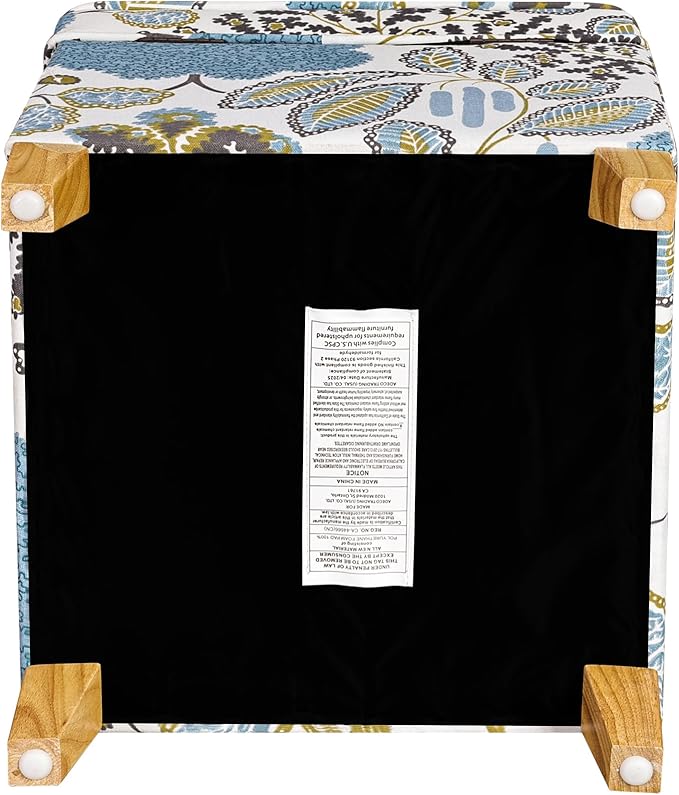 Adeco 18 Inch High Cube Ottoman Storage, Linen Chair Foot Stools, Upholstered Vanity Stool with Hinged Lid, Solid Wood Legs (Blue Leaves)-CasaMuseHome