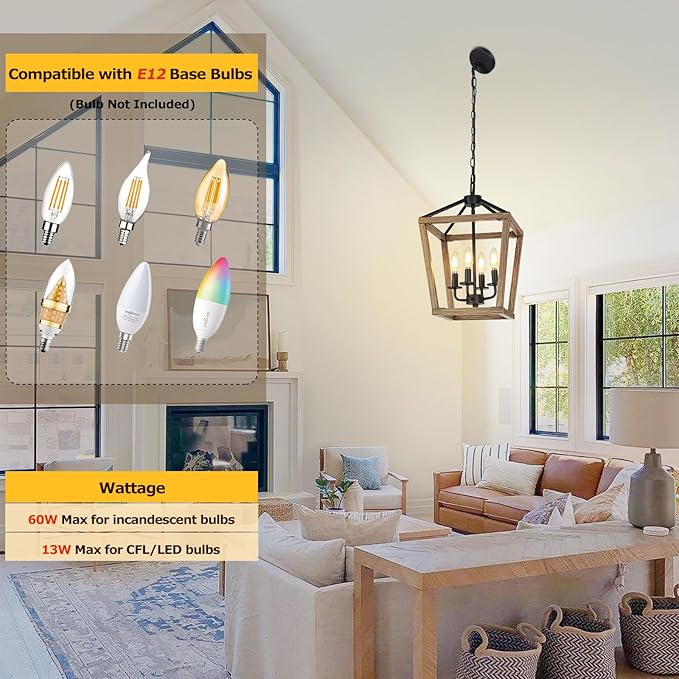4 Light Farmhouse Chandelier, Rustic Ceiling Light Lantern Light Fixture with Wood Painted Metal Cage and Adjustable Chain, E12 Base Geometric Hanging Light Fixture for Entryway, Kitchen, Indoor-CasaMuseHome