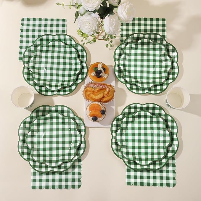 175 Pcs Green Gingham Plates and Napkins Party Supplies - Green and White Checkered Plates Sets Serve 25 Guests - Scalloped Gingham Paper Plate for Birthday Picnic BBQ Golf Party Decorations-CasaMuseHome