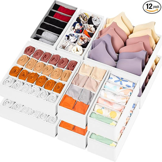 12 Pack Drawer Organizers for Clothing, 116 Large Compartments Fabric Dresser Closet Organizers and Storage Bins for Baby Clothing, Women Men Underwear Socks, Bra, Ties, College Dorm Room Essentials-CasaMuseHome