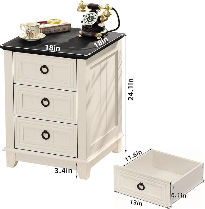 18" Farmhouse Night Stand with 3 Drawers, Wood End Table Dresser for Bedroom, White Nightstand, Bed Side Table with Metal Handle, Bedside Cabinet for Bedroom Living Room, Closet-CasaMuseHome