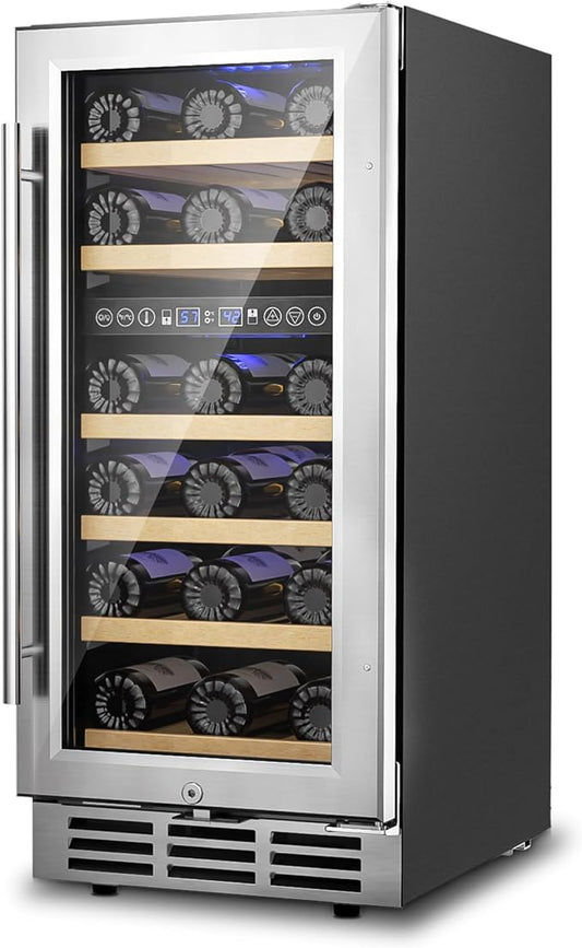 15 Inch Dual Zone Wine Refrigerator, 29 Bottle Under Counter Wine Fridge, Wine Refrigerator for Built-In or Freestanding, Wine Cooler with Removable Shelves, Double-Layer Glass Door, for Home-CasaMuseHome