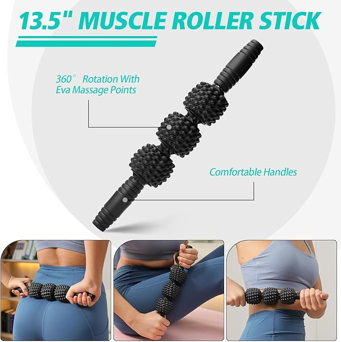 5-in-1 Foam Roller Set, Massage Roller Stick, Massage Ball, Resistance Band for Deep Muscle Massage, Trigger Point Release, Pilates, Yoga (Black-Wave)-CasaMuseHome