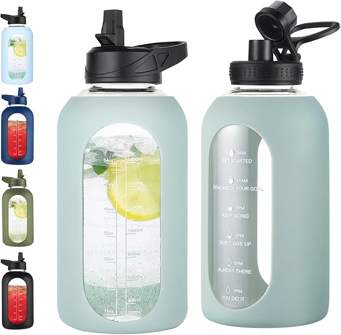 64 oz Glass Water Bottle With Straw and Handle, Half Gallon Sports Motivational Water Jug Flask with Silicone Sleeve, Large Water Cup with Time Marker for Travel, Gym, Sage-CasaMuseHome