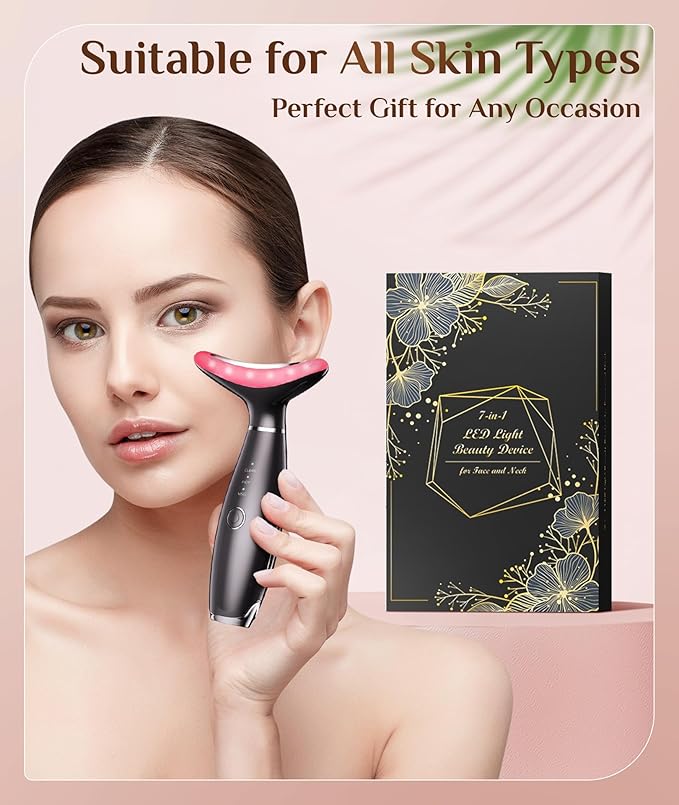 7 Color Galvanic Machines - Red Light Therapy for Face and Neck, Face Massager Tool for Wrinkles, Double Chin, Vibrating Facial Massager with Thermals, Black-CasaMuseHome