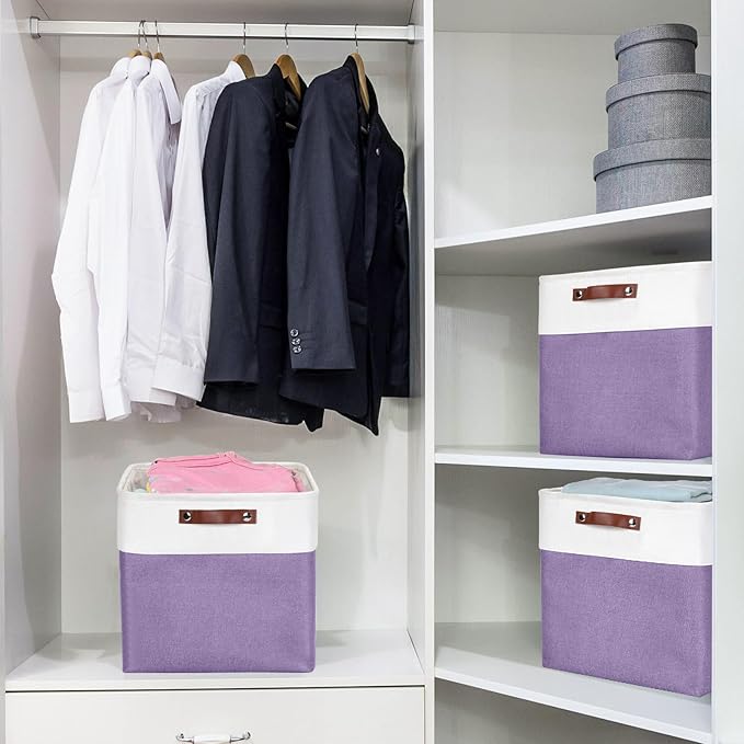 13x13 Cube Storage Bins, Collapsible Fabric Storage Box, 4 Pack Closet Baskets with Handles for Organizing, Shelf, Toys, Clothes, Home, Office, Nursery (Purple&White)-CasaMuseHome