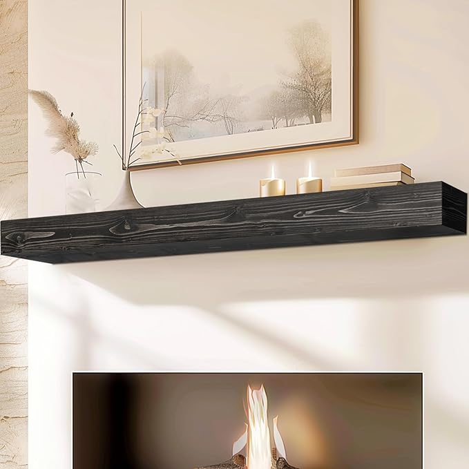 72x8x5 Fireplace Mantel - Handcrafted Hollow Rustic Solid Wood Wall Mounted Floating Shelf with Invisible Heavy Duty Wood Bracket (Weathered Black)-CasaMuseHome