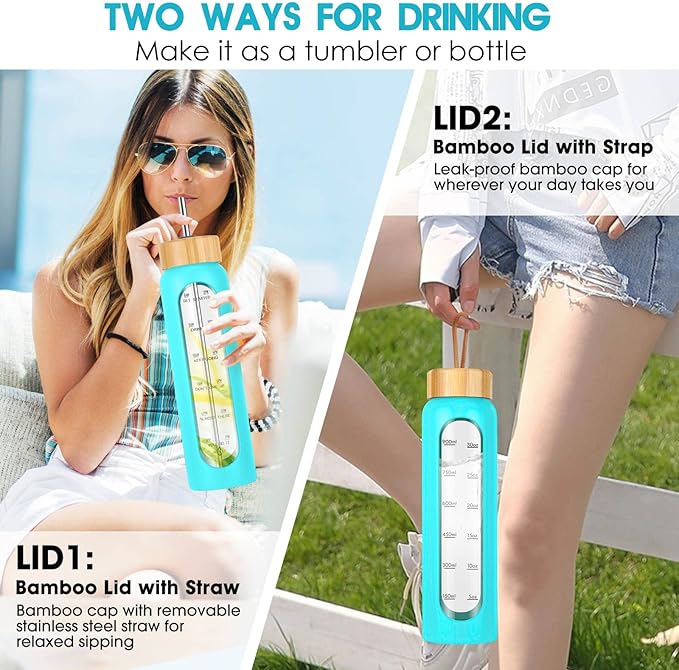 32 oz Glass Water Bottle with Straw - Motivational Time Marker & Silicone Sleeve - Reusable Tumbler Includes 2 Bamboo Lids & Fruit Infuser - 1 Pack-CasaMuseHome