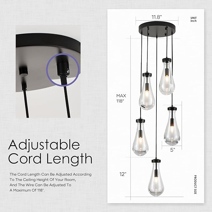 5-Light Raindrop Pendant Light Fixtures, Black Glass Pendant Lighting, Teardrops Modern Hanging Light for Entryway Foyer Kitchen Island Dining Living Room Hallway-CasaMuseHome