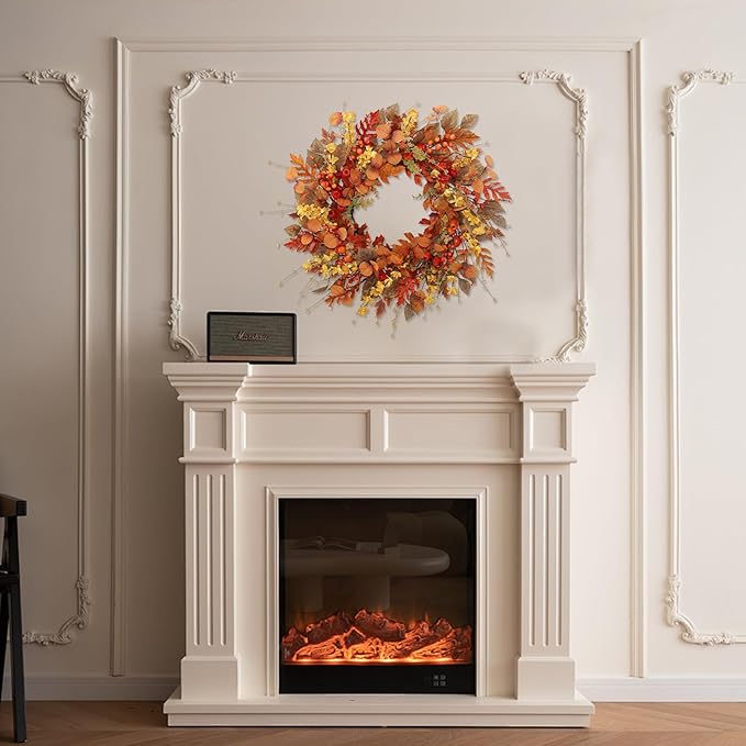 22 inch Artificial Fall Wreaths for Front Door,Autumn Wreath with Large red Berries and Fall Leaves Suitable for Indoor Outdoor Wall Porch Harvest Festival Thanksgiving Day Farmhouse Holiday Decor.-CasaMuseHome