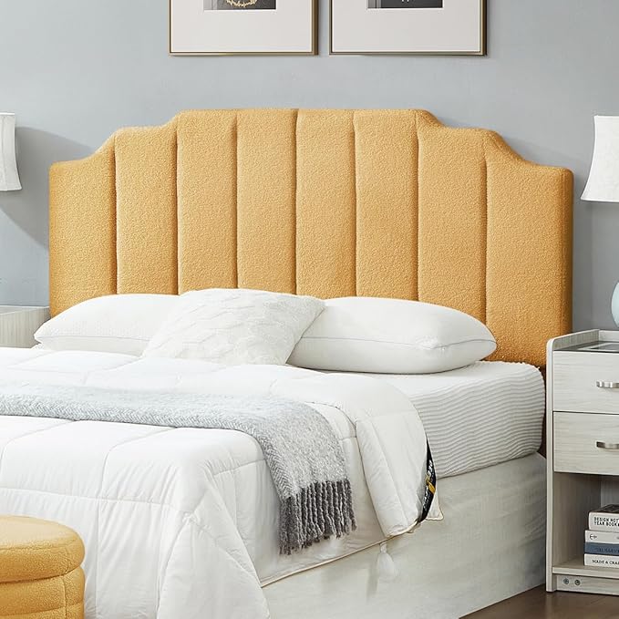 24KF Yellow Teddy Fabric Tufted for Queen Upholstered Headboard, Modern Vertical Channel Design Full Headboard with Stepped Silhouette Top Edge,6026-Q-Teddy Yellow-CasaMuseHome