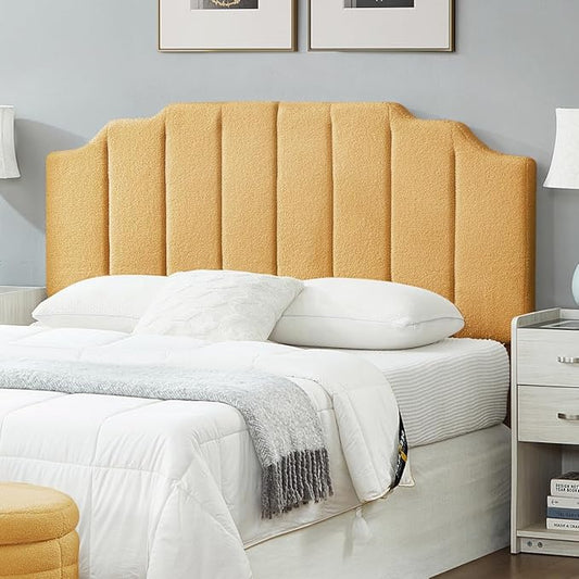 24KF Yellow Teddy Fabric Tufted for Queen Upholstered Headboard, Modern Vertical Channel Design Full Headboard with Stepped Silhouette Top Edge,6026-Q-Teddy Yellow-CasaMuseHome
