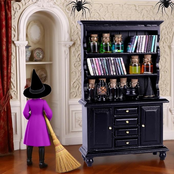 56 Pcs Halloween Miniatures Decorations 1:12 Scale Magic House Accessories Mini Wooden Bookshelf Furniture Set Tiny Sorcery Bottles Books Desk Chair Witch Hat Dollhouse Decor-CasaMuseHome