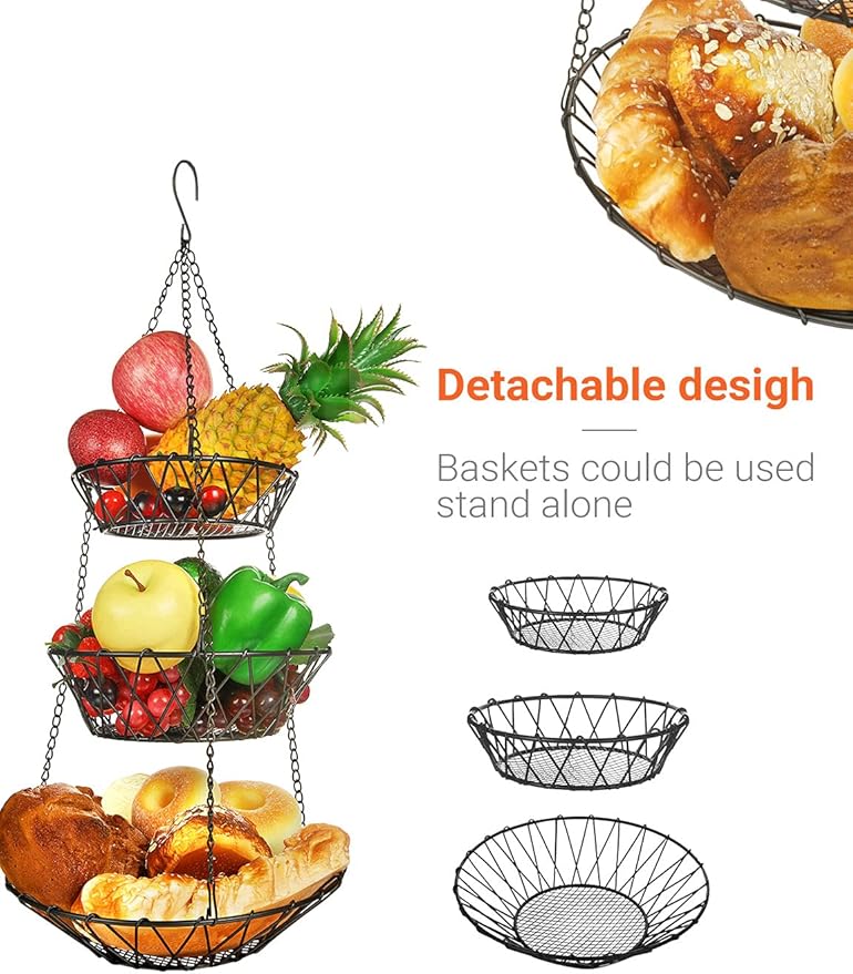 3 Tier Hanging Basket with Sturdy Metal Chain Hanging Hooks Fruit and Vegetable Basket Heavy Duty Wire Organizer Space Saving Rustic Country Style Kitchen Storage-CasaMuseHome