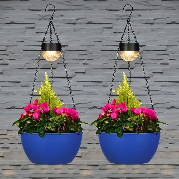 2 Packs Solar Hanging Basket Planters for Plants Outdoor, Self Watering Blue Flower Plants Pots with Solar Light Drainer for Balcony Patio Garden Outdoor Decoration-CasaMuseHome