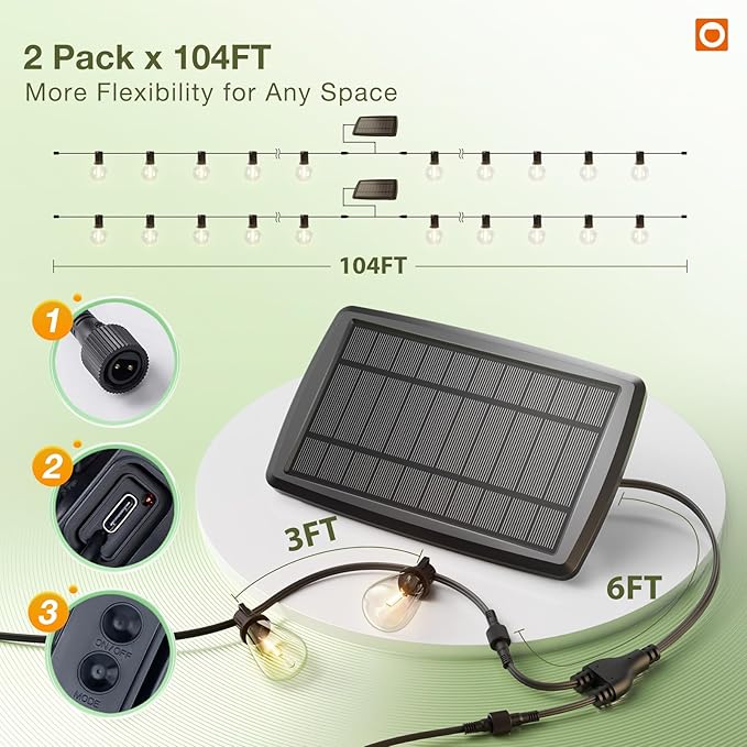 addlon 2 Pack*102FT(96+6) Solar String Lights Waterproof, Patio Lights Solar Powered with Remote & USB Port, 3 Lighting Modes 60+4 LED Shatterproof Bulbs Outdoor Light for Camping Backyard Garden-CasaMuseHome