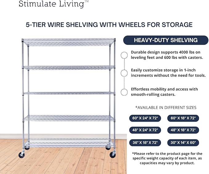 60"x18"x72" PRIME HEAVY DUTY Chrome 5-Tier Wire Shelving 4000 LBS MAX Capacity Storage Rack for Commercial, School, Home, Garage, Warehouse, Industrial, and Hospital Uses (with Wheels)-CasaMuseHome