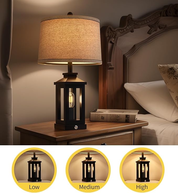 23.75" Retro Farmhouse Black Table Lamp for Living Room Bedroom Nightstand Set of 2 Touch Control Bedside Nightlight Vintage Modern Lamp with USB C+A Ports and 2 Light Sources-CasaMuseHome