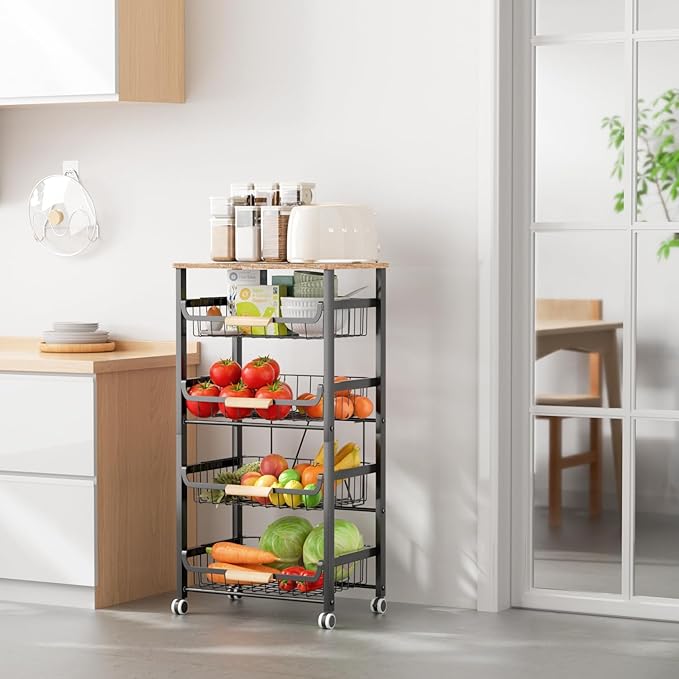 5-Layer Fruit Basket Kitchen Food Organizer and Rack, Stackable Storage Cart with Desktop, Pull-Out Hollow Metal Basket, Wheeled Sorting Rack Spice Rack, Black-CasaMuseHome