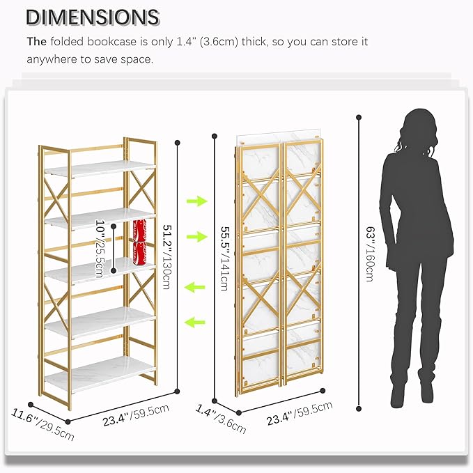 4NM 5 Tiers No Assembly Book Shelves, 51.2" H Folding Bookshelf Bookcase Open Industrial Foldable Shelves for Bedroom, Living Room, Home Office - White Gold-CasaMuseHome