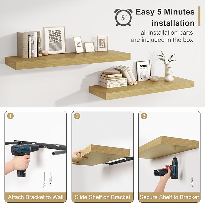 12" Deep Bathroom Floating Shelves for Wall Shelf Over Toilet Wall Mounted Farmhouse Long 55 inches Set of 1, Farmhouse Shelves with Invisible Brackets for Living Room, Kitchen, Bedroom,Oak-CasaMuseHome