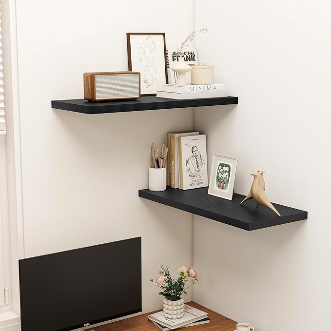 32" Floating Shelves for Wall, 12" Deep Slim Black Floating Shelves, Wall-Mounted Shelves for Bedroom, Living Room, Kitchen, Bathroom - Set of 2-CasaMuseHome