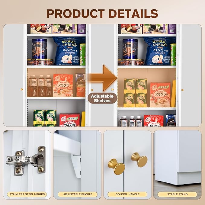 5 Tier Metal Curio Cabinets, Modern Bookshelf Cabinet with 4 Adjustable Shelves, Cabinet Display Case for Home Office, Living Room, Pantry (White-23.54W-Metal Door)-CasaMuseHome