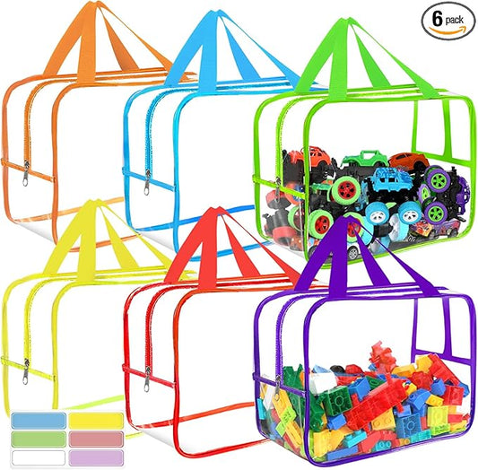 6 Colors Widen X-Large Toy Storage Bags 12.6×9.25×6.9In with Labels, Reusable Clear PVC Board Game Storage, Travel Waterproof Organizer Bags with Zipper for Building Blocks, Puzzle, Stuffed Animals-CasaMuseHome