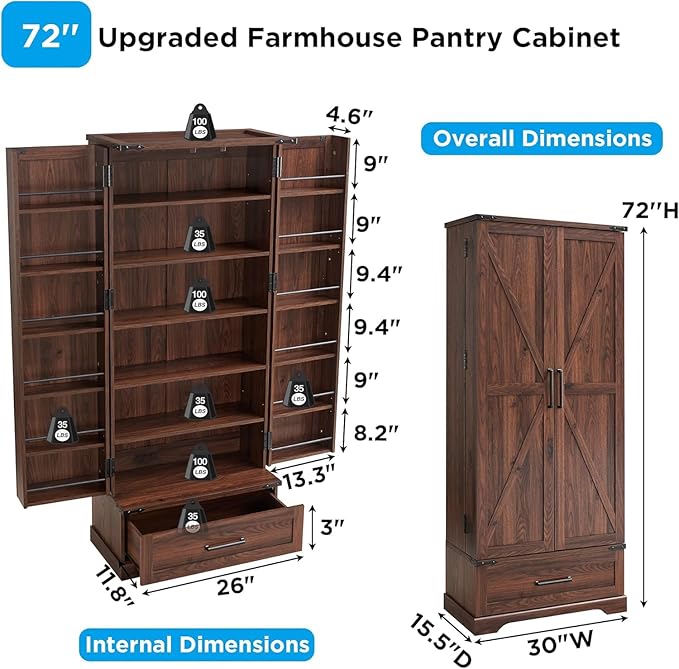 72‘’ Farmhouse Kitchen Pantry Cabinet with Drawer, Tall Storage Cabinet with 2 Barn Doors and Shelves, Versatile Large Rustic for Dining Room, Bathroom, Living Room, Laudry, Brown-CasaMuseHome