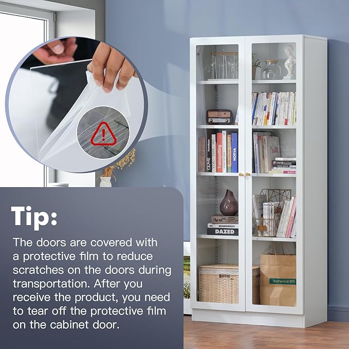 32" Wide Metal Storage Cabinet with Acrylic Doors and 4 Adjustable Shelves, 71" Tall Bookshelf, 5-Tier Freestanding Kitchen Pantry Cabinet with Anti-Tipping for Small Spaces/Kitchen/Living Room-CasaMuseHome