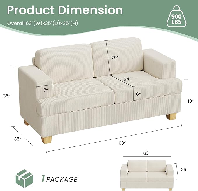 2 Pieces Corduroy Couch Set for Living Room, 5 Seats Cloud Sofa, Deep Seat Floor Couch for Bedroom, Futon Modern Sofa Bed, White Corduroy-CasaMuseHome