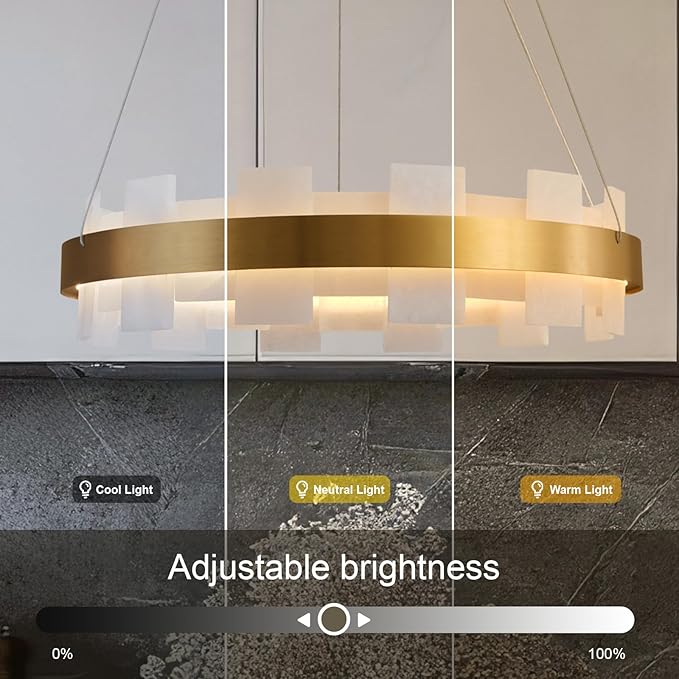 20" Natural Spanish Alabaster Round Chandelier, Adjustable Large Chandeliers for Living Room Over Table, Modern Luxury Alabaster Stone Chandelier for Drawing Room, Bedroom, Hallway, Foyer-CasaMuseHome